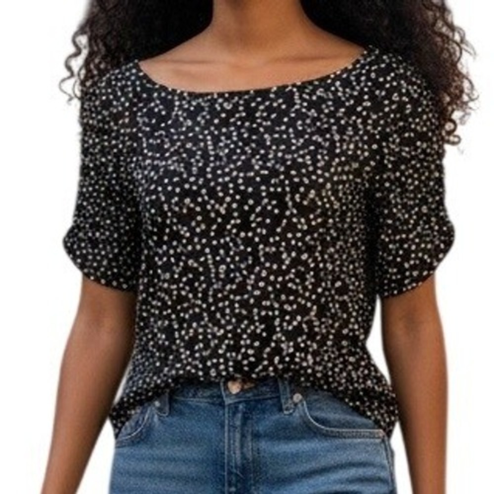 🆕 ANTHROPOLOGIE LITTLE YELLOW BUTTON Polka Dot Ruched S/S Boat Neck Top Small